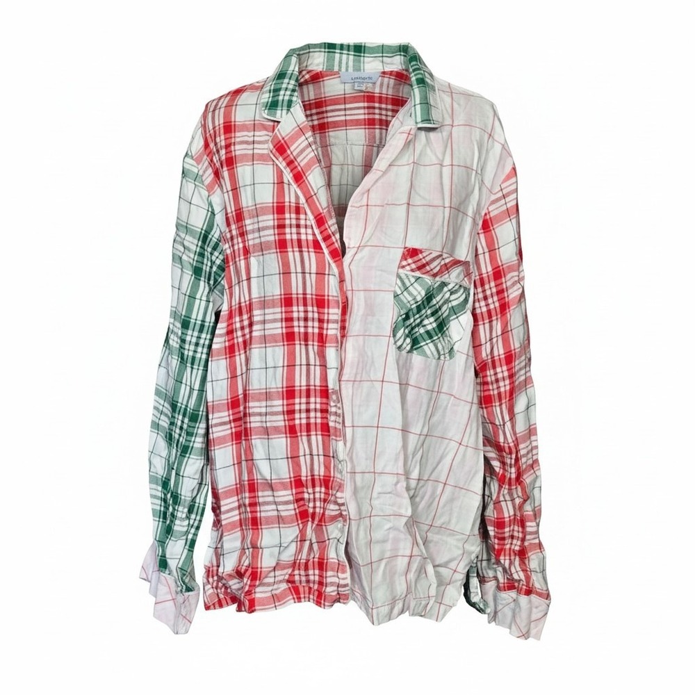 Victorias Secret Pajama Set Large Red Green Plaid Colorblock‎ Button Front